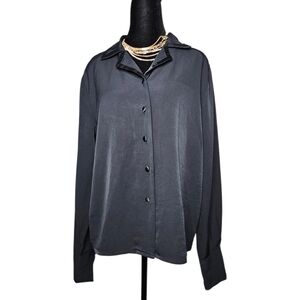 Vintage 90s JOANNA Black Satin Finish Button Down Blouse | Oversized Shirt